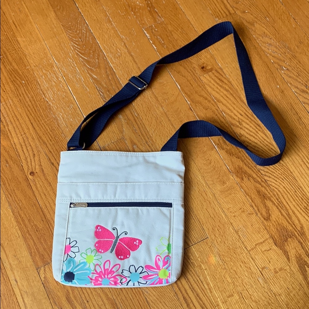 Thirty-one Embroidered Butterfly & Floral Crossbody Design 11x12 Zipper closer